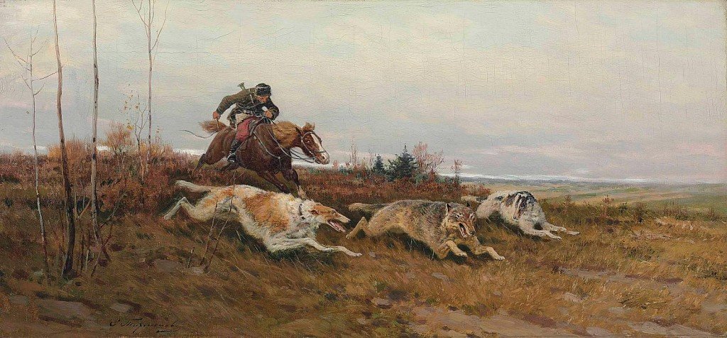 Wolf hunting with a Russian Greyhound. Artist Evgeny Alexandrovich Tikhmenev (1869-1934)